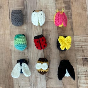 May include: A collection of ten crocheted insect toys. The toys are in various colors, including black, white, red, yellow, green, and blue. The toys are all about 2 inches tall and are made with a variety of stitches.
