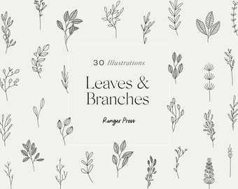 Botanical Leaves Clipart Hand Drawn Floral Leaf, Flowers Branch Spring Decorative, Wedding Plant Foliage Collection Vector Set PNG EPS SVG