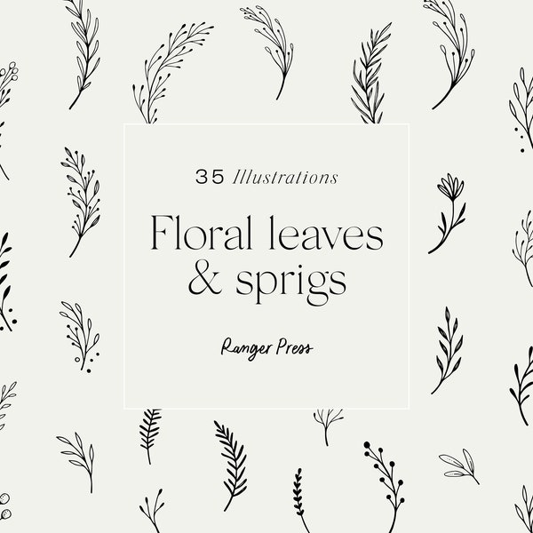 Botanical Leaves Clipart Hand Drawn Floral Leaf, Flowers Branch Spring Decorative, Wedding Plant Foliage Collection Vector Set PNG EPS SVG