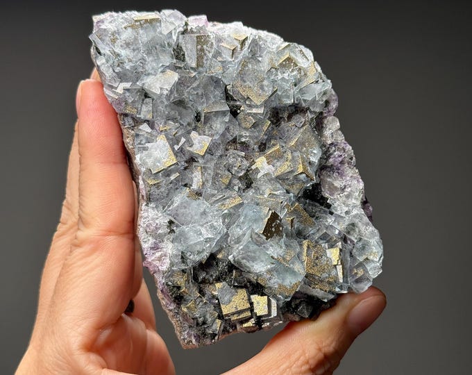 YGX Blue Cubic Fluorite with Pyrite Specimen