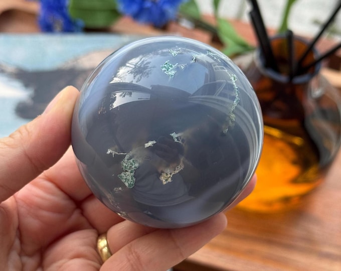Blue Chalcedony with Moss Agate Sphere ~ 65mm