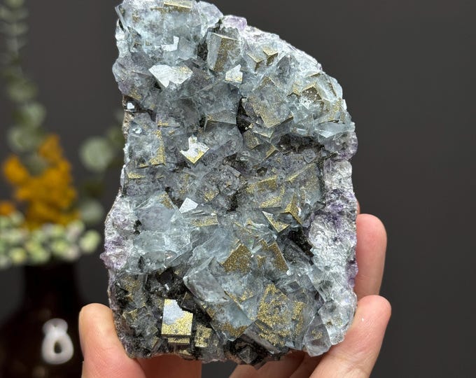 YGX Blue Cubic Fluorite with Pyrite Specimen