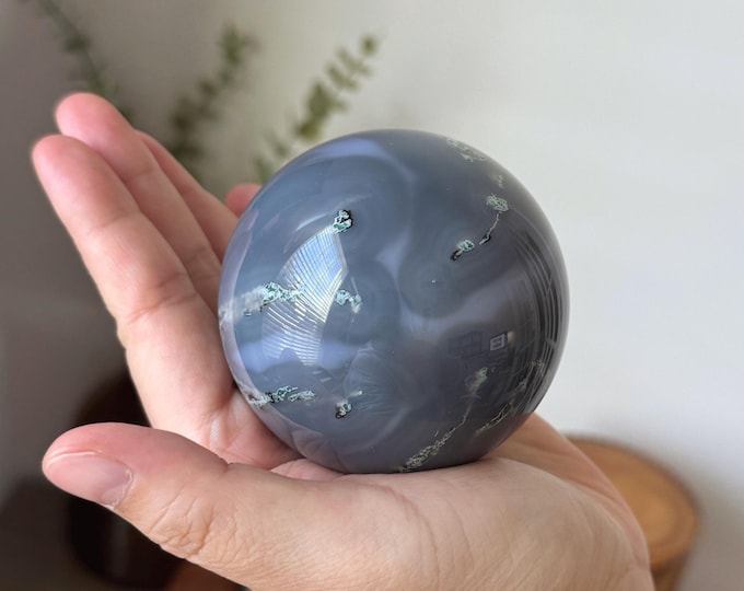 Blue Chalcedony with Moss Agate Sphere ~70mm