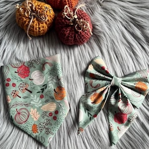May include: A sage green fabric bandana and a matching hair bow, both featuring a repeating pattern of pumpkins, mushrooms, and autumn leaves in shades of red, orange, and white, accompanied by two small crocheted pumpkins in yellow and red.