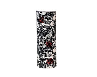 Grayscale Skulls with Red Roses 20 oz. Skinny Tumbler Design, Personalized Tumbler, Rock n' Roll, Tough but Sweet