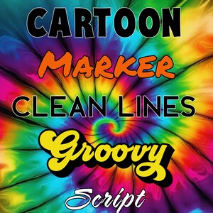 Op de afbeelding: Een afbeelding met lettertype-opties tegen een levendige tie-dye achtergrond. De tekst "FONT OPTIONS" staat bovenaan. Lettertypestijlen zijn onder meer "CARTOON", "MARKER", "CLEAN LINES", "Groovy" en "Script". De onderste tekst luidt: "You can pick a coordinating font color!"