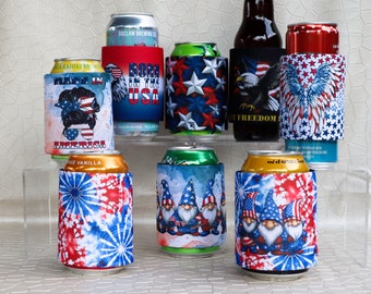 July 4th Drink Slap Wrap Can Coolers, Beverage Insulators, Personalize with Name or Own Text!