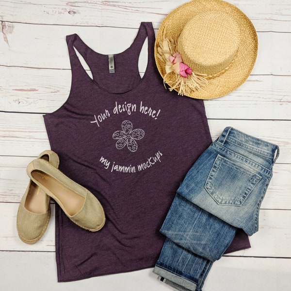 Women's Mockup For Next Level 6733 Vintage Purple Tri-Blend Racerback Tank Top - Mock Up is a Flat Lay Layout for Many Shirt Designs