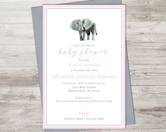 Elephant Baby Shower Invitation, Printable Digital Baby Shower Invite, Watercolor Elephant, Baby Girl