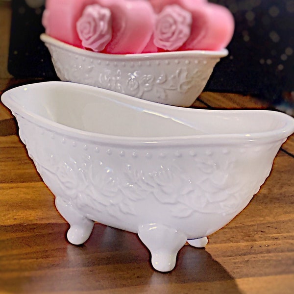 Bathtub shaped ivory porcelain soap dish 6-1/2" long | Bathtub soap dish | Embossed | Bathtub soap holder | Bath accessories | Bath decor