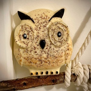 May include: A white owl-shaped soap with brown flecks, perched on a branch with a white rope in the background. The soap has black eyes and a black beak. The text "www.soapscentdesigns.com" is visible at the bottom of the image.