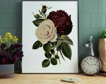 Red Rose Wall Art | White Rose Print | Instant Download