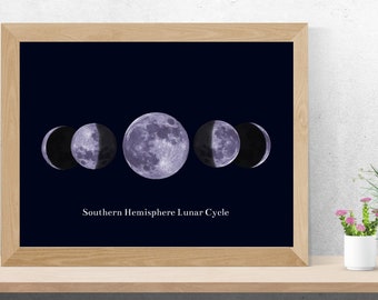 May include: A framed print with a black background and a white text label that reads "Southern Hemisphere Lunar Cycle". The print features a series of five purple moons in different phases.