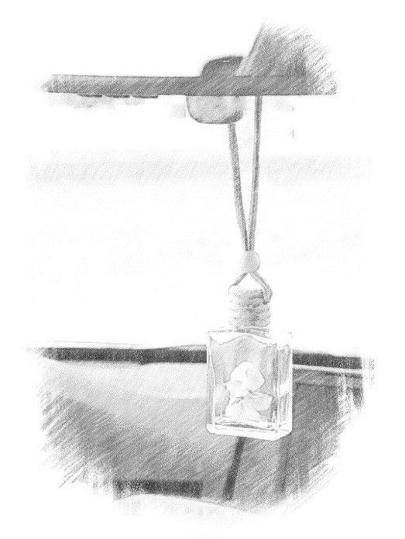 May include: A clear, rectangular car air freshener with a floral design inside, hanging from a string. The air freshener is suspended from a car's rearview mirror.