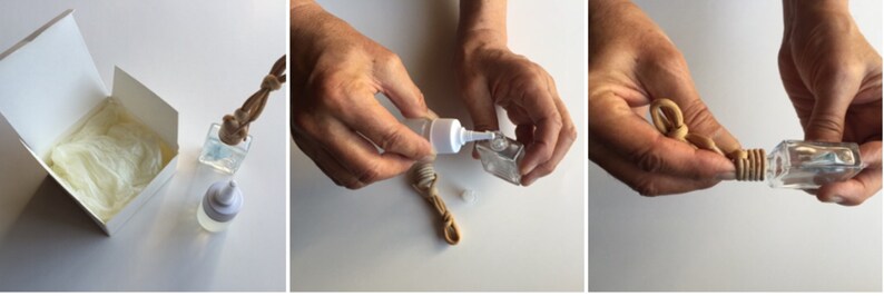 May include: A three-panel image sequence shows the assembly of a small, clear glass bottle with a wooden top. The bottle is filled with a liquid, and a wooden diffuser is inserted. The first panel shows a box with a cotton-like material and a bottle.