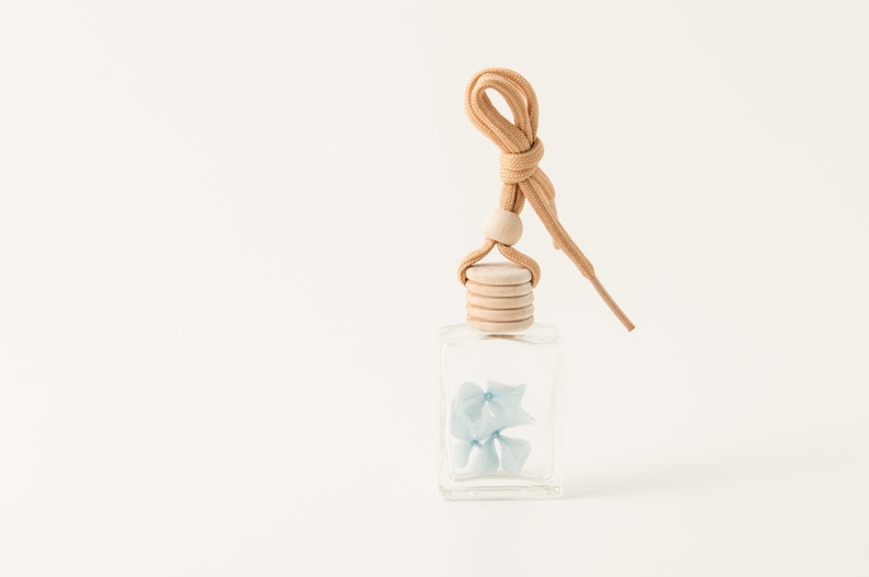 May include: A clear glass aromatherapy diffuser bottle with a light blue floral arrangement inside. The bottle has a wooden cap and a tan cord for hanging. The background is a solid off-white color.