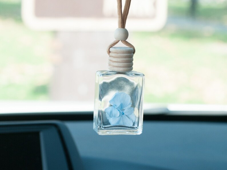 May include: A clear, square glass car air freshener with a light blue flower inside. The wooden top and string are attached to a wooden ball for hanging. The background is blurred.