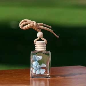 May include: A clear glass car air freshener bottle with light blue floral accents. The bottle has a wooden cap and a beige cord for hanging. The background is a blurred green, with the freshener resting on a wooden surface.