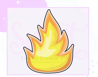 May include: A yellow and orange fire cookie cutter with a black outline. The cookie cutter is shaped like a flame.