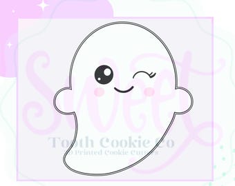 May include: A black and white cookie cutter in the shape of a winking ghost. The ghost has a large eye, a curved smile, and a small eyelash. The text "Sweet Tooth Cookie Co" is printed on the image.