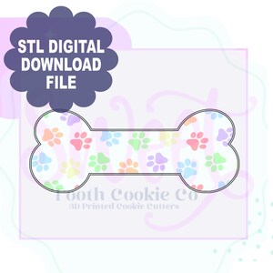 以下が含まれることがあります： パステルカラーの足跡模様の骨型クッキーカッター。「STL DIGITAL DOWNLOAD FILE」の文字は濃い紫色の雲型のグラフィックにあります。「Tooth Cookie Co」の文字が下にあります。