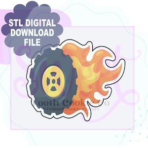 May include: A digital download file for a 3D printed cookie cutter of a tyre with flames. The tyre is black with a yellow centre and the flames are orange and yellow.