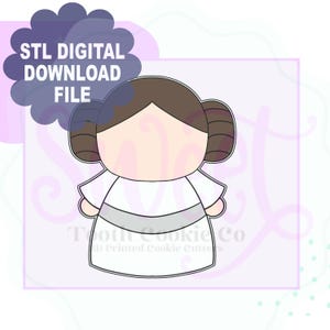 Puede incluir: Un archivo digital STL para un cortador de galletas con forma de personaje con cabello castaño peinado en dos moños laterales, vistiendo un vestido blanco con un cinturón gris claro. La imagen incluye un gráfico morado con el texto STL DIGITAL DOWNLOAD FILE.