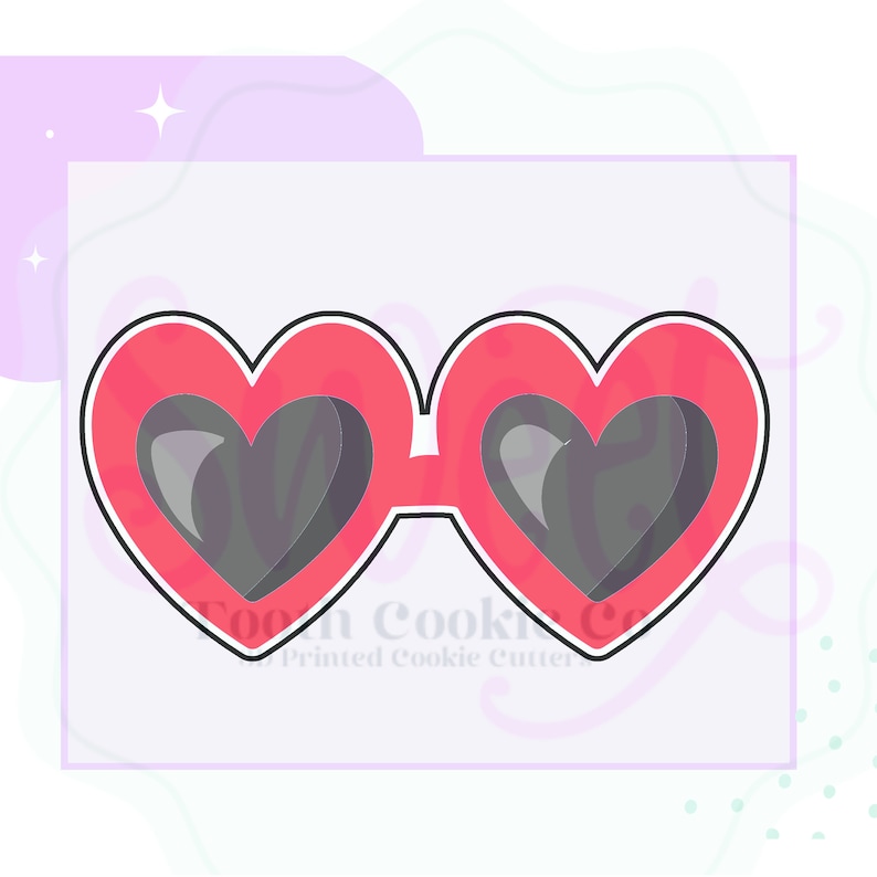 May include: Pink heart-shaped sunglasses with black lenses. The sunglasses have a black outline.