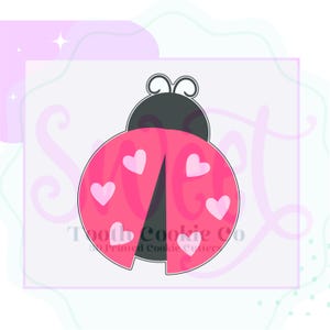 May include: A pink ladybug cookie cutter with a black head and wings. The wings are decorated with five pink hearts.