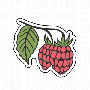 May include: A cookie cutter in the shape of a raspberry branch with two raspberries. The branch has a single green leaf. The raspberries are red with a black outline.