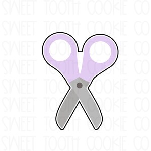 May include: A purple and silver cookie cutter shaped like a pair of scissors.