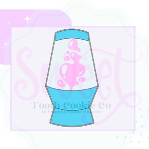 May include: A blue and pink 3D printed cookie cutter shaped like a lava lamp. The cookie cutter is designed to create a cookie that looks like a lava lamp with a pink blob of wax inside.