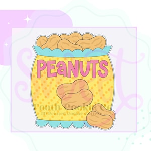 May include: A yellow and blue cookie cutter shaped like a jar of peanuts. The jar has a label that says "PEANUTS" in pink letters. There are peanuts spilling out of the jar.