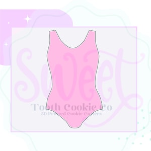 May include: A pink swimsuit cookie cutter. The cutter is shaped like a one-piece swimsuit with a scoop neck.