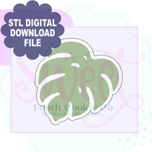 Op de afbeelding: Een groen monstera blad ontwerp, een digitale downloadbestand, met de tekst "STL DIGITAL DOWNLOAD FILE" in een donkerblauwe wolk-vormige grafiek. Het ontwerp staat tegen een lichtroze achtergrond met de tekst "Tooth Cookie Co" onderaan.