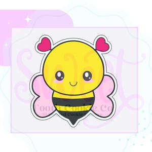 May include: A cartoon bee with pink wings and hearts on its head. The bee is yellow with black stripes and has a cute, smiling face.