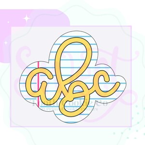 May include: A yellow cookie cutter shaped like the letters "abc" on a blue and white striped background. The letters are in a cursive font.