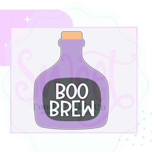 May include: A purple bottle-shaped cookie cutter with a black label that reads "BOO BREW" in white letters. The bottle has a light orange cap. The design is set against a white background with decorative elements.