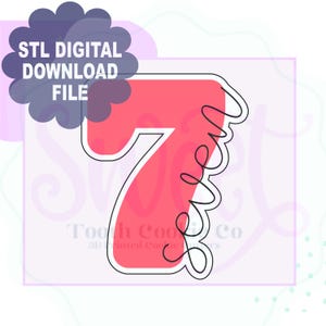 May include: A digital download file for a 3D printed cookie cutter in the shape of the number seven with the word "seven" written in a cursive font along the side. The cookie cutter is red with a white outline.