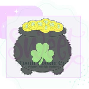 May include: A black pot filled with gold coins, each adorned with a shamrock. A large green shamrock is centered on the pot's front. The image is a cookie cutter design, perfect for St. Patrick's Day treats.