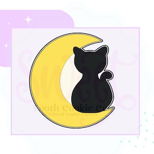 May include: A black cat silhouette sitting on a yellow crescent moon cookie cutter. The cookie cutter is outlined in black.
