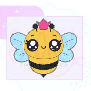 May include: A cartoon bee with a pink crown and blue wings. The bee has large eyes and a smiling face. The bee is yellow with black stripes.