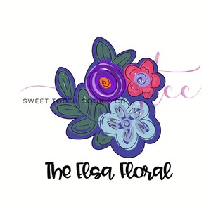 May include: A digital illustration of a floral design with three flowers in shades of purple, pink, and blue. The flowers are surrounded by green leaves. The text "The Elsa Floral" is written below the flowers.