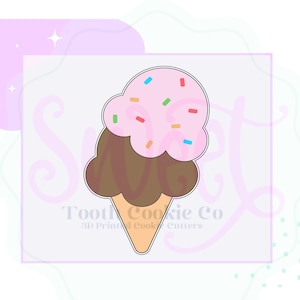 May include: A pink and brown ice cream cone cookie cutter with colorful sprinkles. The cutter is designed to create a cookie that looks like a scoop of ice cream in a cone.