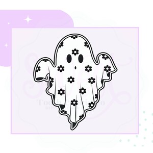 May include: A black and white illustration of a ghost wearing a sheet with a floral pattern. The ghost has two large eyes and a small mouth.