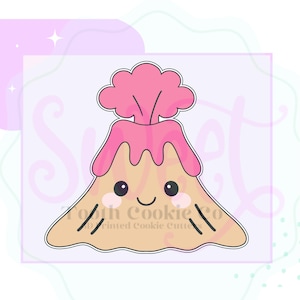May include: A cute volcano cookie cutter with a smiling face, pink lava, and a pink cloud-like eruption. The cookie cutter is tan with black accents and the text "Tooth Cookie Co" is printed on the bottom.