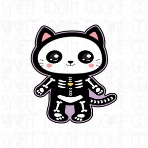 May include: A black and white cartoon cat dressed as a skeleton with a purple background. The cat has large eyes and a heart-shaped bone on its chest.