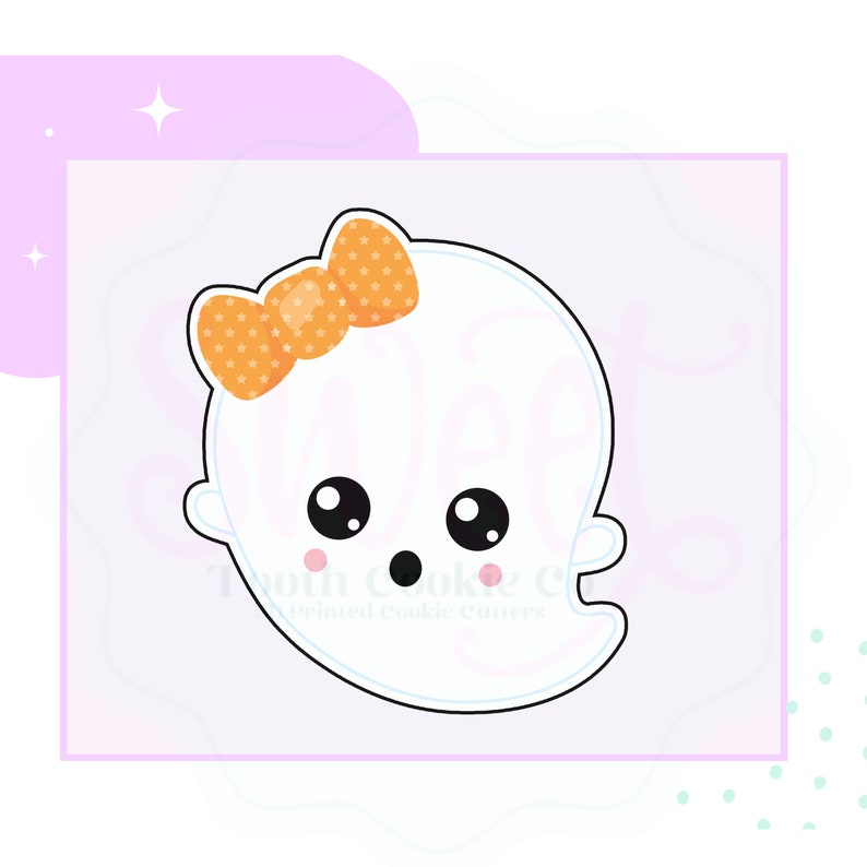 May include: A white ghost cookie cutter with a cute cartoon face and a yellow bow with white polka dots.