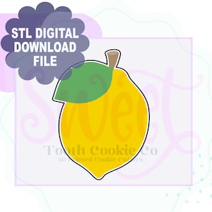 Könnte beinhalten: Ein gelber Zitronen-Ausstecher mit einem grünen Blatt. Der Ausstecher ist eine digitale Download-Datei im STL-Format.