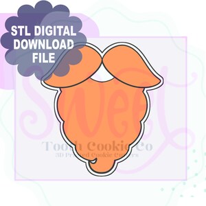 May include: An orange beard and mustache cookie cutter design with a black outline. The text "STL DIGITAL DOWNLOAD FILE" is in a cloud-shaped bubble. The words "Sweet Tooth Cookie Co" are at the bottom.
